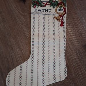 CHRISTMAS STOCKING CANVAS/SILL Kathy 1989 MISTLETOE HORN 14"BIN19